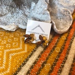 Vintage amber colored glass floral clip-on earring